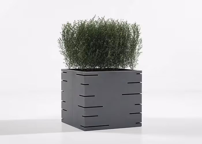 Fioriera moderna quadrata in metallo grigio con incisioni decorative orizzontali e arbusto verde ornamentale, fotografata su sfondo bianco minimalista.