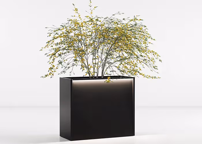 Fioriera metallica Modularte con bordo sottile per integrazione LED: sistema Cubo Led per un'illuminazione uniforme della parete esterna del vaso.