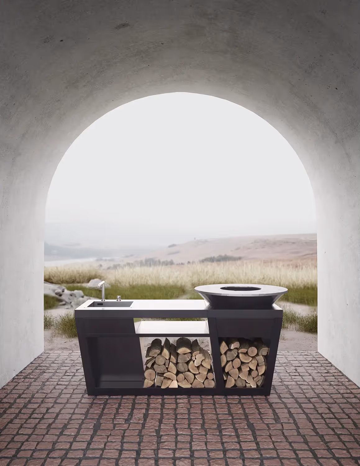 Cucina da esterno di design Modularte modello Commodo: monoblocco con barbecue a legna, lavello e vani porta legna integrati per giardini di prestigio.