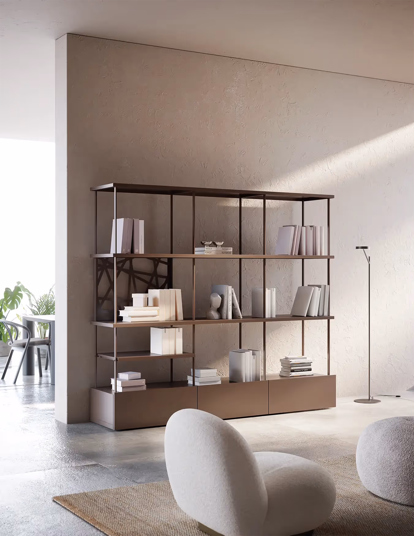 Libreria modulare in metallo Modularte modello Green Book per interni ed esterni, finitura bronzo/marrone in un ambiente living minimalista.