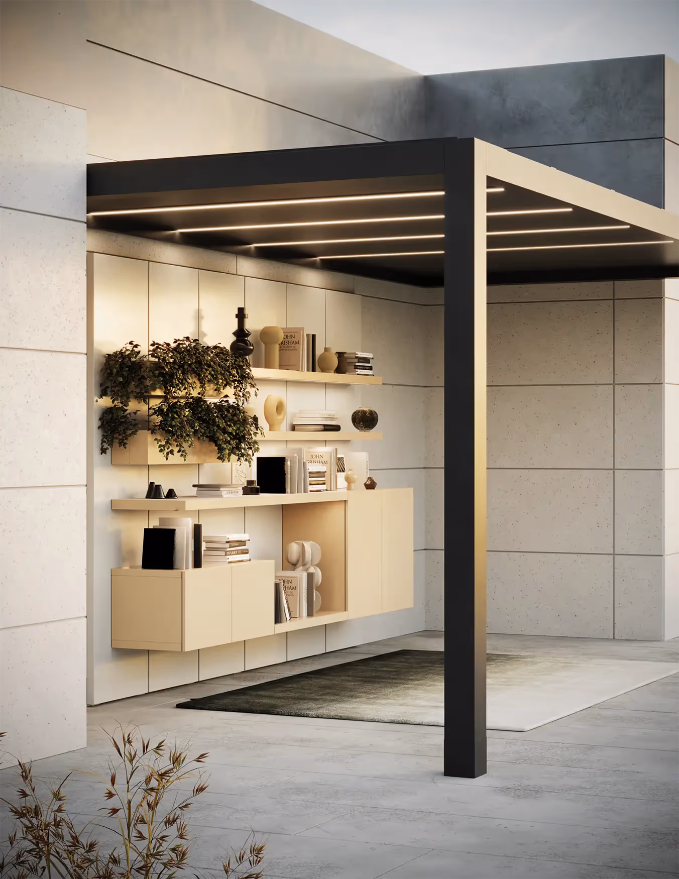 Ambiente outdoor completo Modularte: parete attrezzata Vista Wall sotto pergola moderna con illuminazione LED integrata e fioriere pensili.