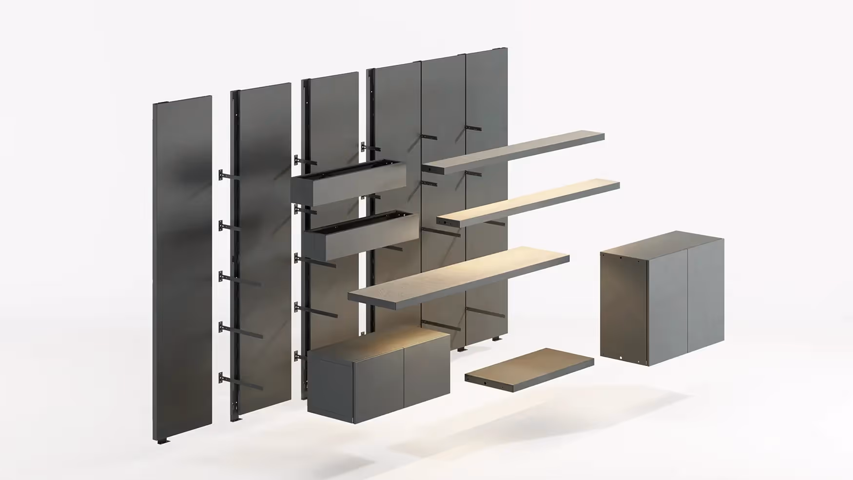 Vista esplosa tecnica del sistema Modularte Vista Wall: pannelli boiserie, mensole metalliche, fioriere sospese e moduli contenitori pronti per il montaggio.