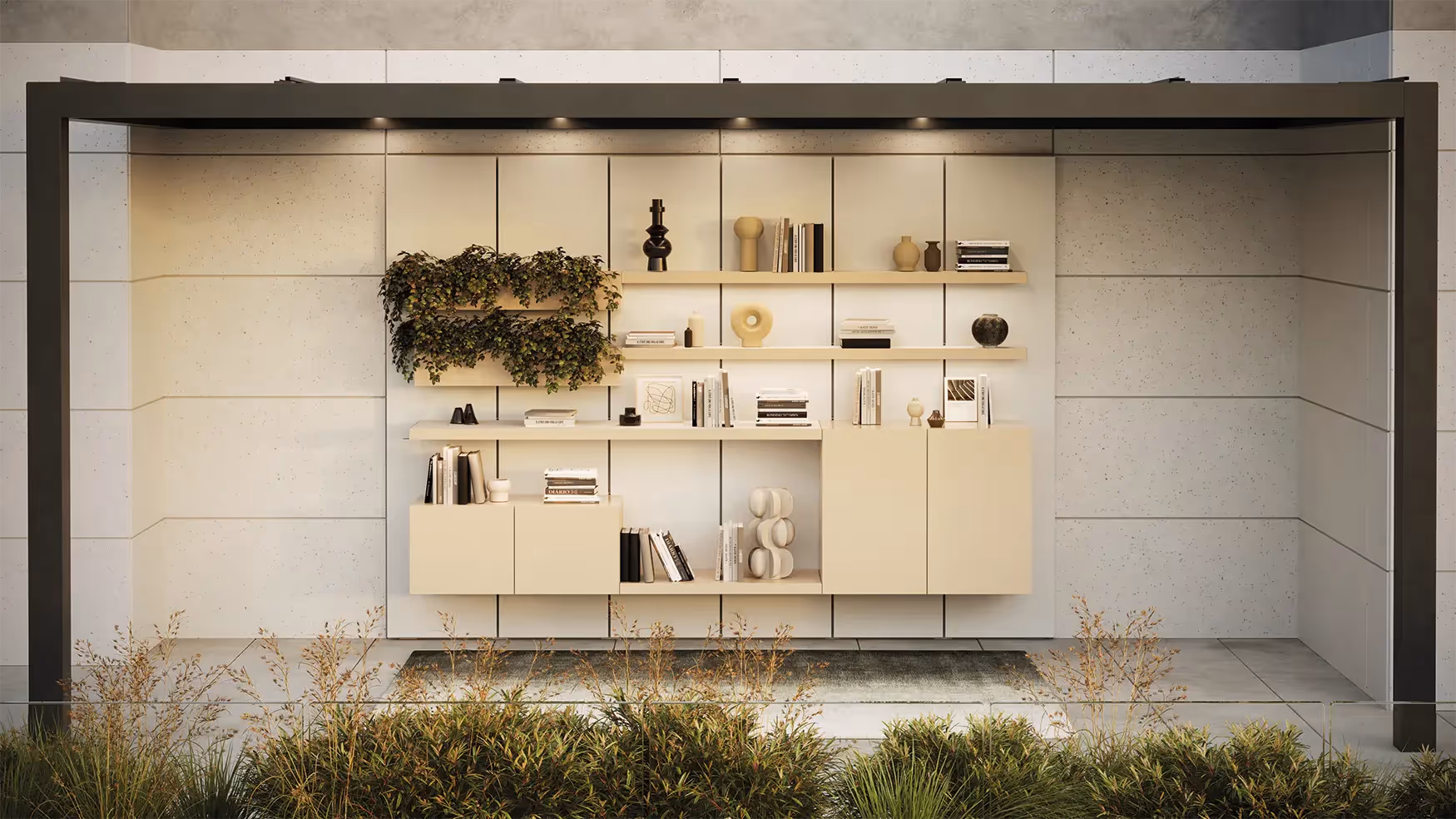 Parete attrezzata outdoor Vista Wall di Modularte: sistema boiserie modulare con mensole, vani contenitori e fioriere integrate per terrazzi di lusso.