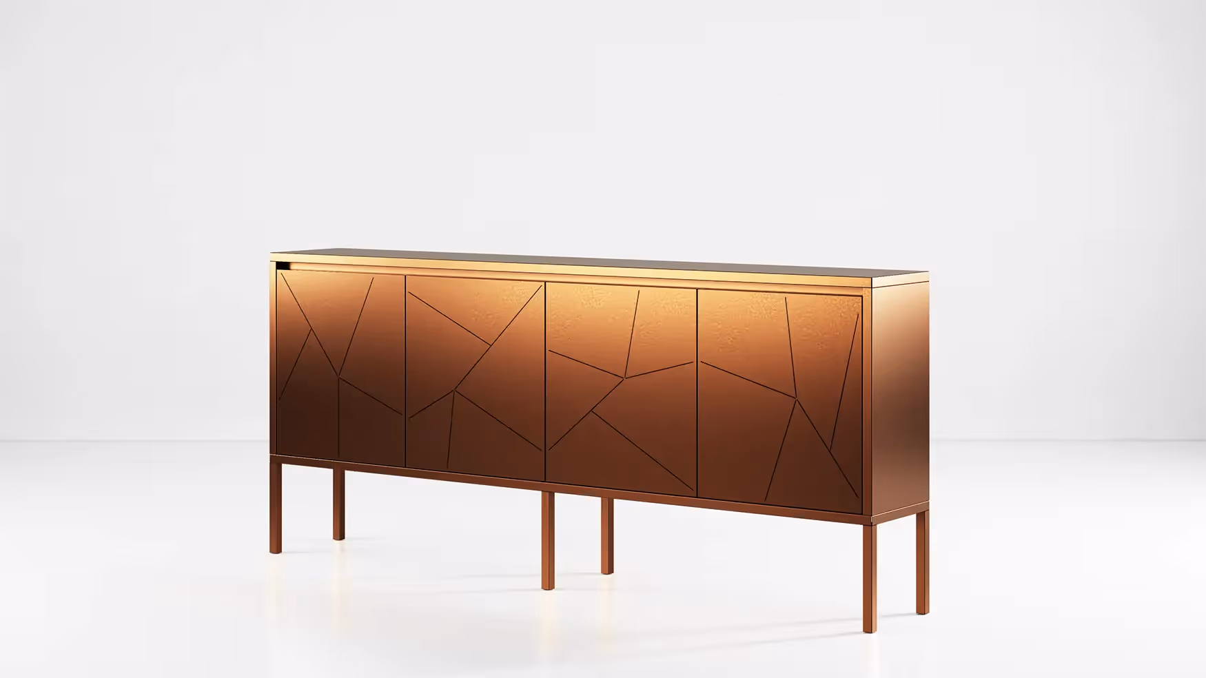 Mobile buffet outdoor Modularte modello Aura Open con finitura metallica dorata e struttura rialzata su piedi, ideale per patii moderni.