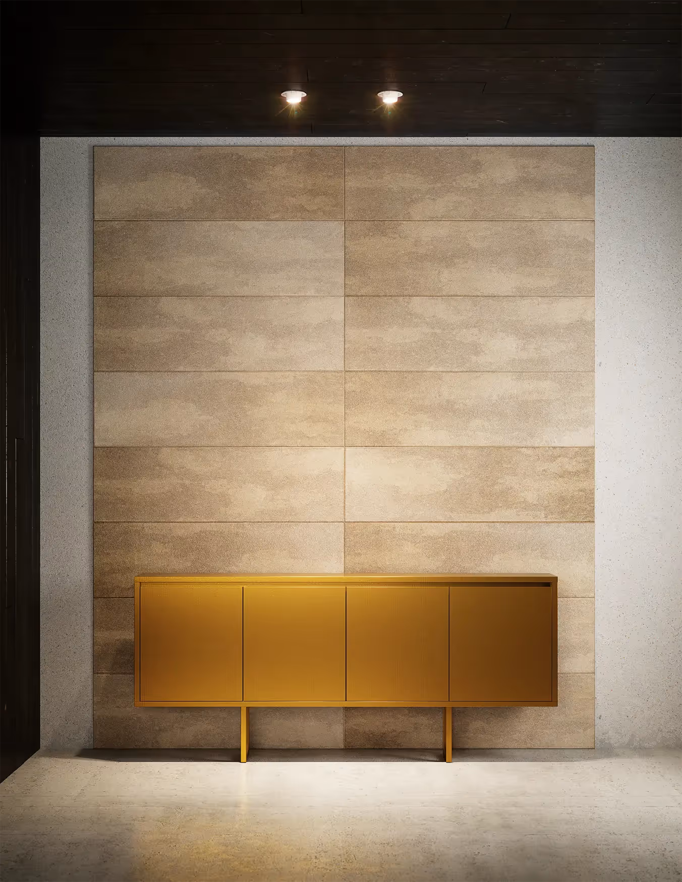 Credenza in metallo per esterni Modularte Aura Open color oro, resistente agli agenti atmosferici e dal design minimalista per ambienti indoor e outdoor.