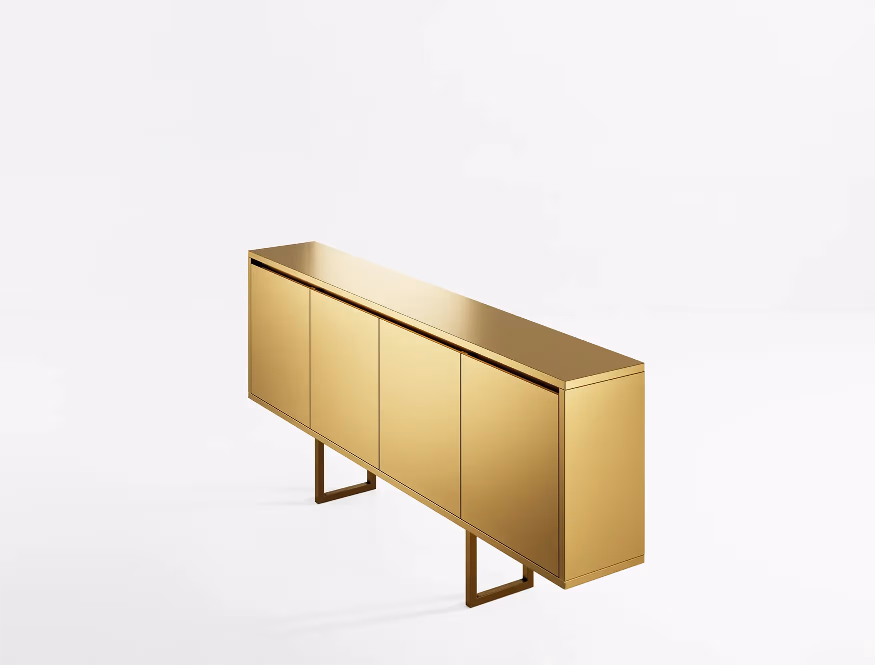 Madia moderna Modularte Aura Open con finitura metallica oro opaco, vista prospettica dall'alto su fondo bianco per arredo luxury.