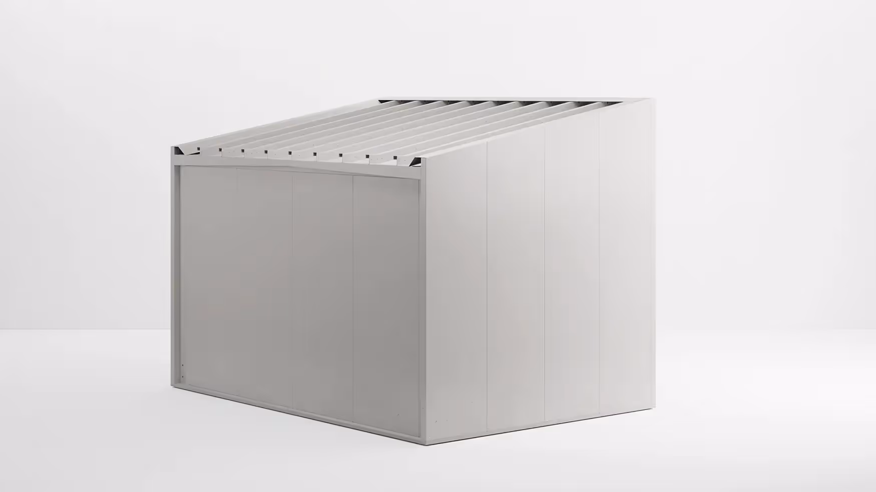 Pergola chiusa e box di design Smart Box Modularte in finitura bianca con faretti LED integrati, ideale come dependance o studio esterno.