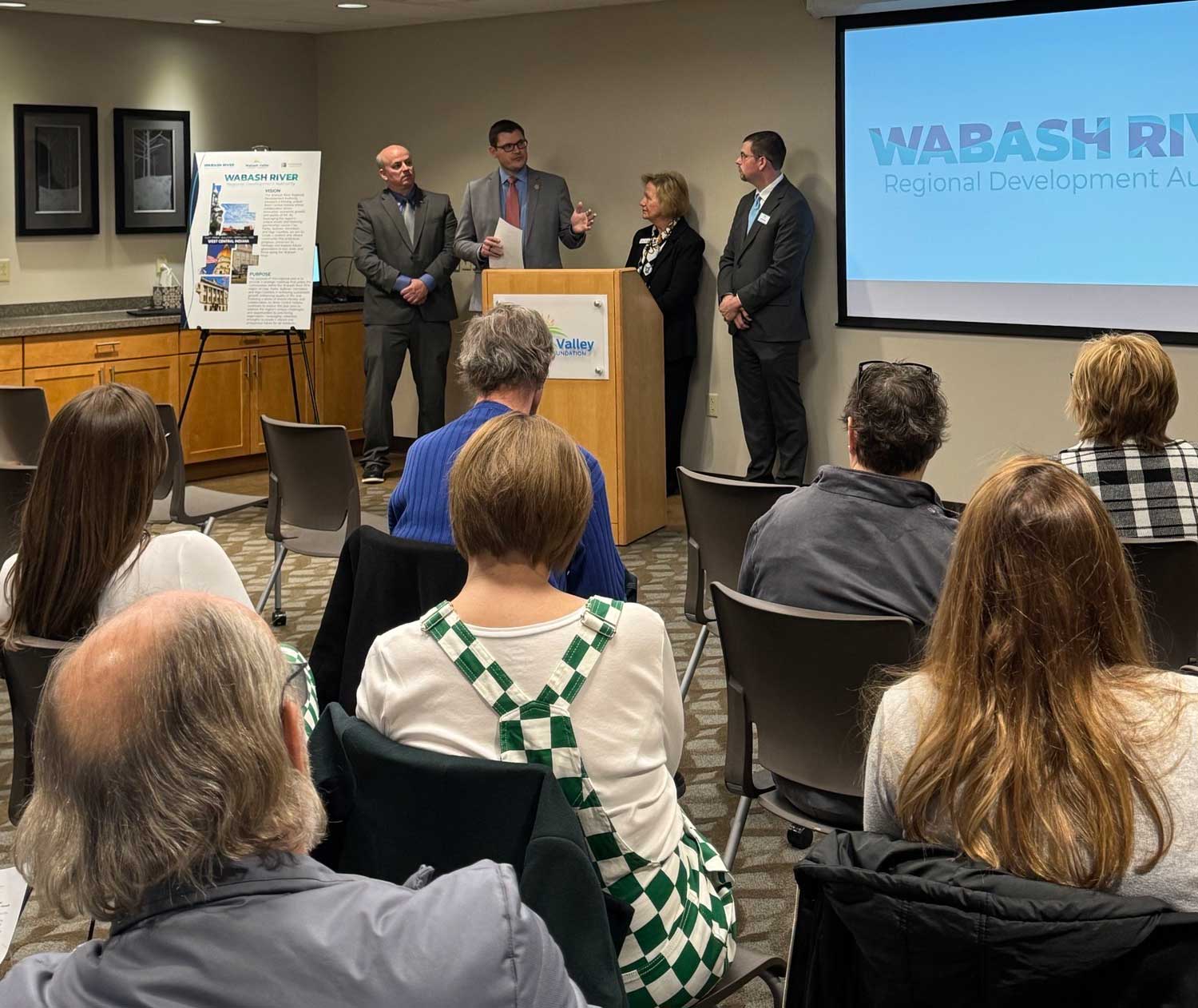 Left to Right: Josh Alsip, RDA; Jon Holloway, A and J Developers, LLC; Nick McCollum, Clay County Chamber of Commerce; Ryan Keller, Thrive West Central; Julie Hart, Thrive West Central; Austin Staley, A and J Developers, LLC; Michele Barrett, Thrive West Central; Shellina Shearer, Clay County Chamber of Commerce; Richard Shagley, Wright, Shagley, Lowery; Heidi Young, IEDC.
