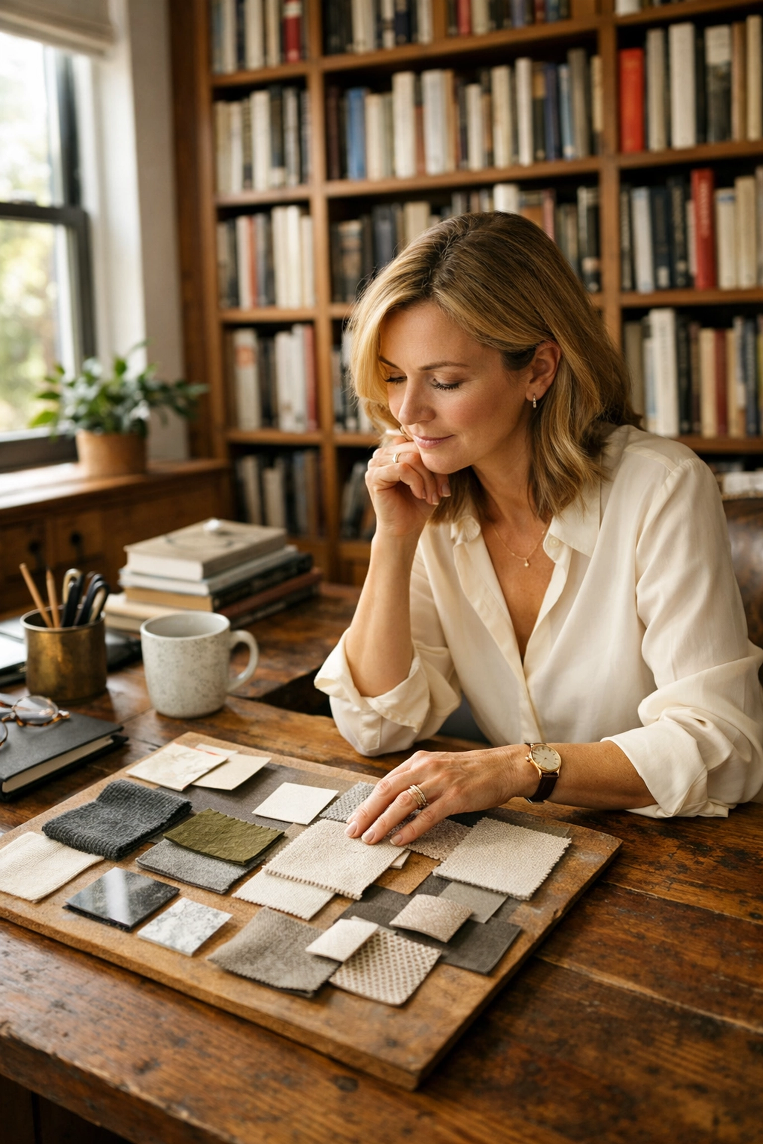 Woman entrepreneur reviewing brand identity elements for a modern website redesign.