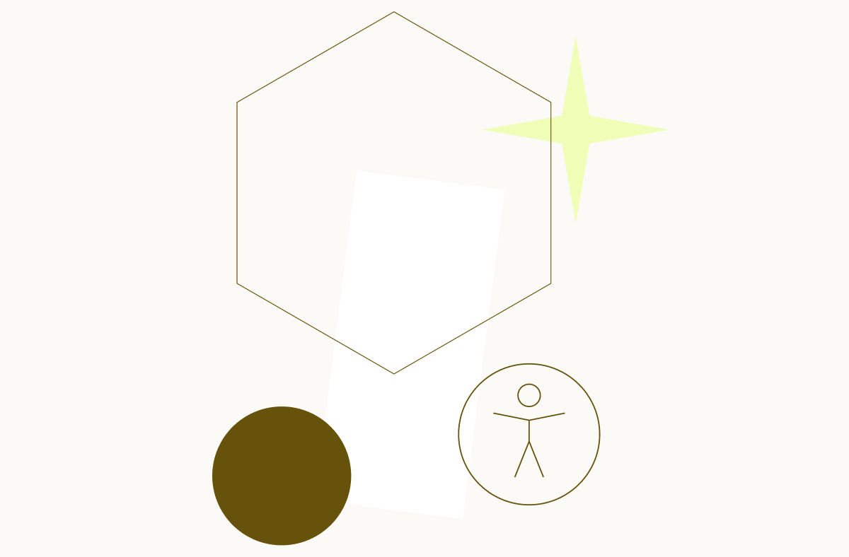 An abstract scene on a soft cream background: a delicate gold hexagon floats at the top, with a slightly tilted white rectangle peeking out from behind. To the right is a yellow star and below on the left is a warm brown circle, and on the right, a simple gold circle enclosing a friendly stick-figure accessibility symbol.