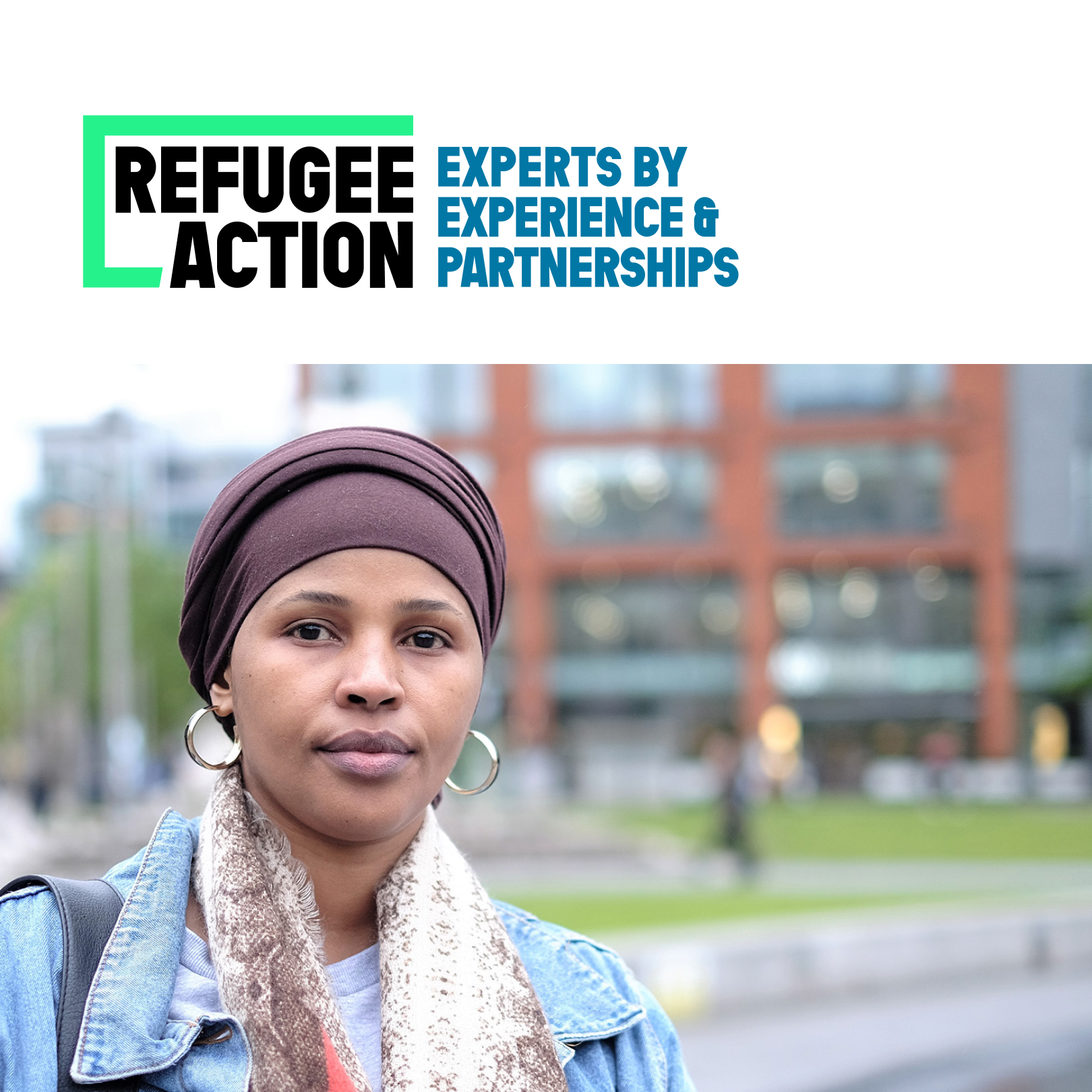 Refugee Action logo and photograph of woman wearing a headscarf