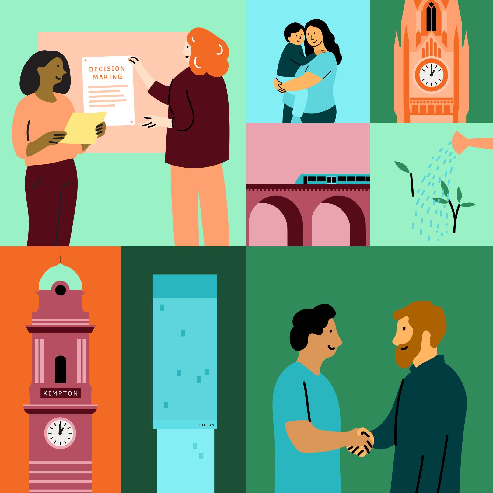 Illustrations of Greater Manchester landmarks and people collaborating