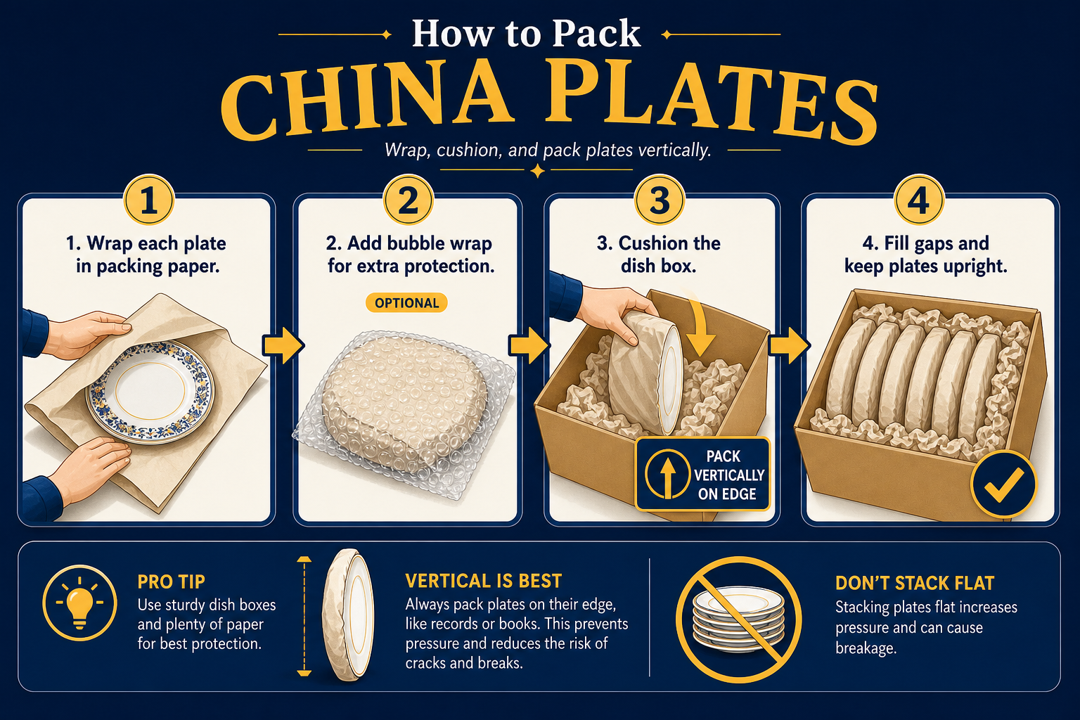 Step-by-step infographic showing china plates wrapped in packing paper, then placed vertically in a cushioned dish box with arrows indicating the sequence