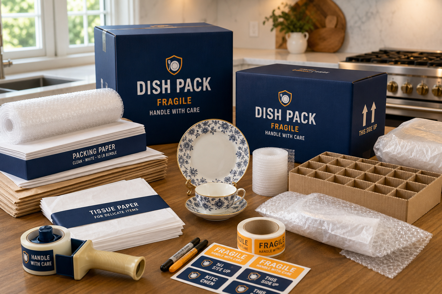 Kitchen table with dish pack boxes, packing supplies, and delicate china pieces ready to wrap for moving