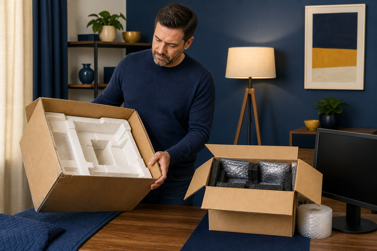 Person compares an intact monitor box with foam inserts to a sturdier moving box and anti-static cushioning for packing a computer