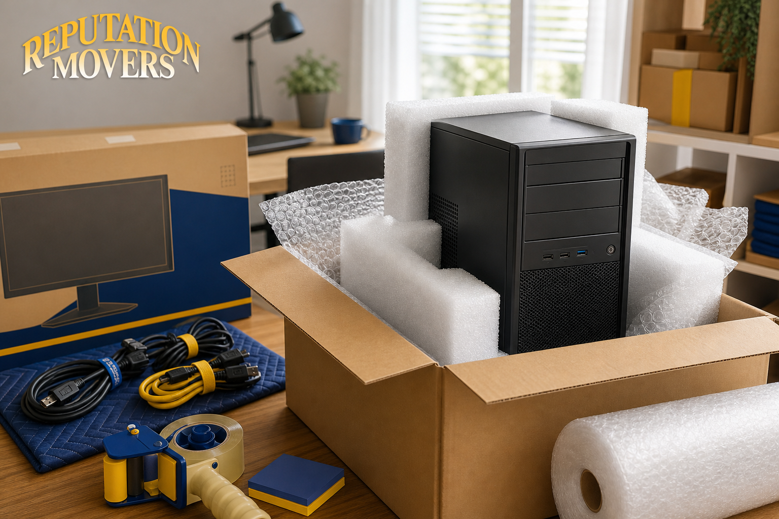 Carefully packed desktop computer tower with monitor box and labeled cables, showing safe moving-day electronics packing