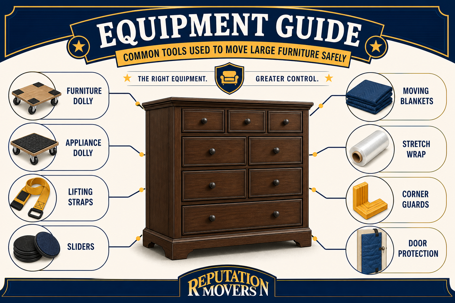 Infographic showing furniture-moving tools around a dresser, including dollies, straps, sliders, blankets, wrap, corner guards, and door protection