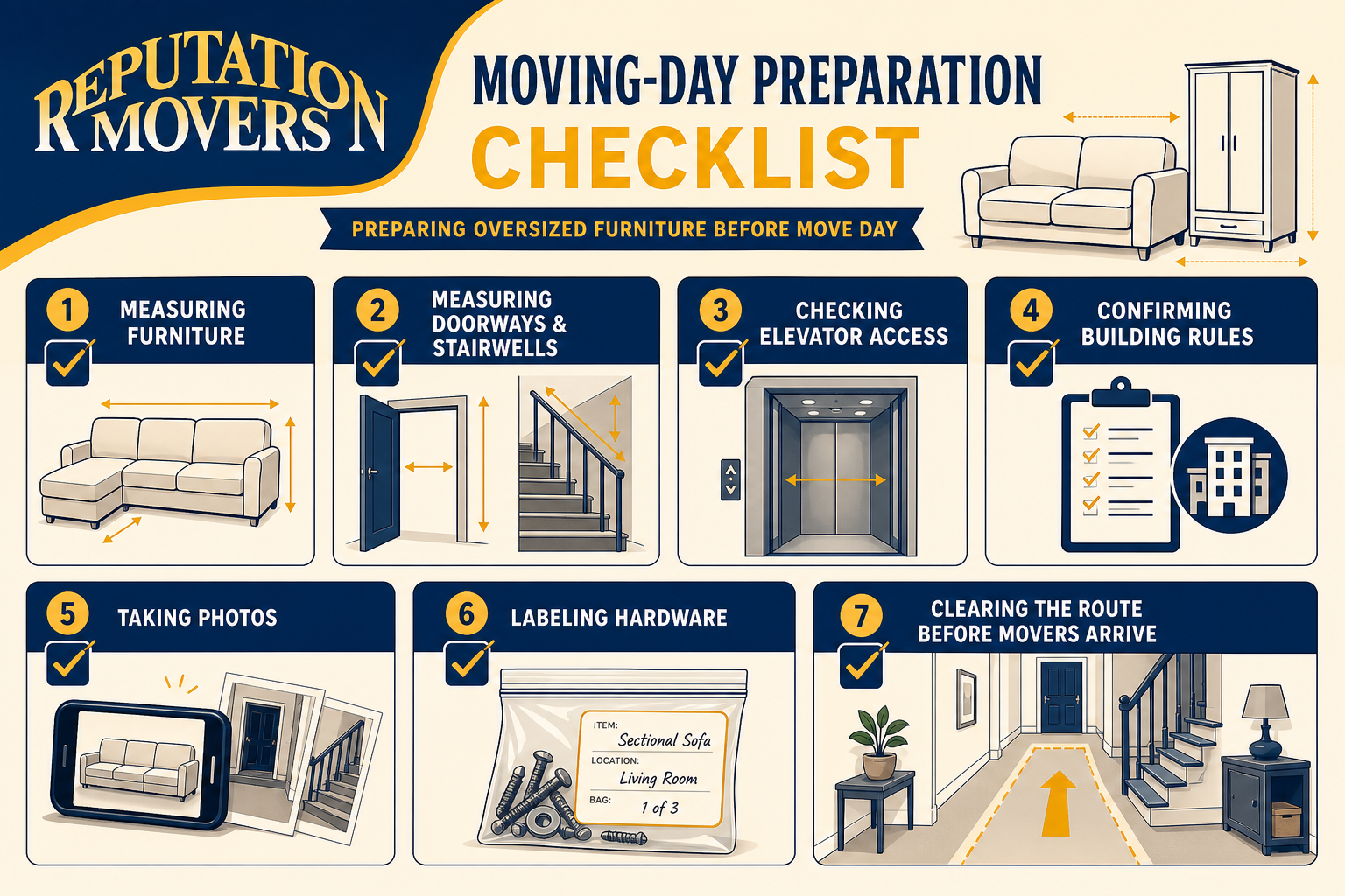 Checklist infographic for moving large furniture: measure pieces, doorways, stairwells, elevator access, and clear the route before movers arrive