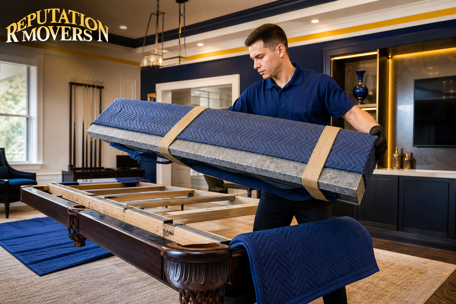 Professional mover lifting a wrapped slate pool table section beside a disassembled table in a home game room