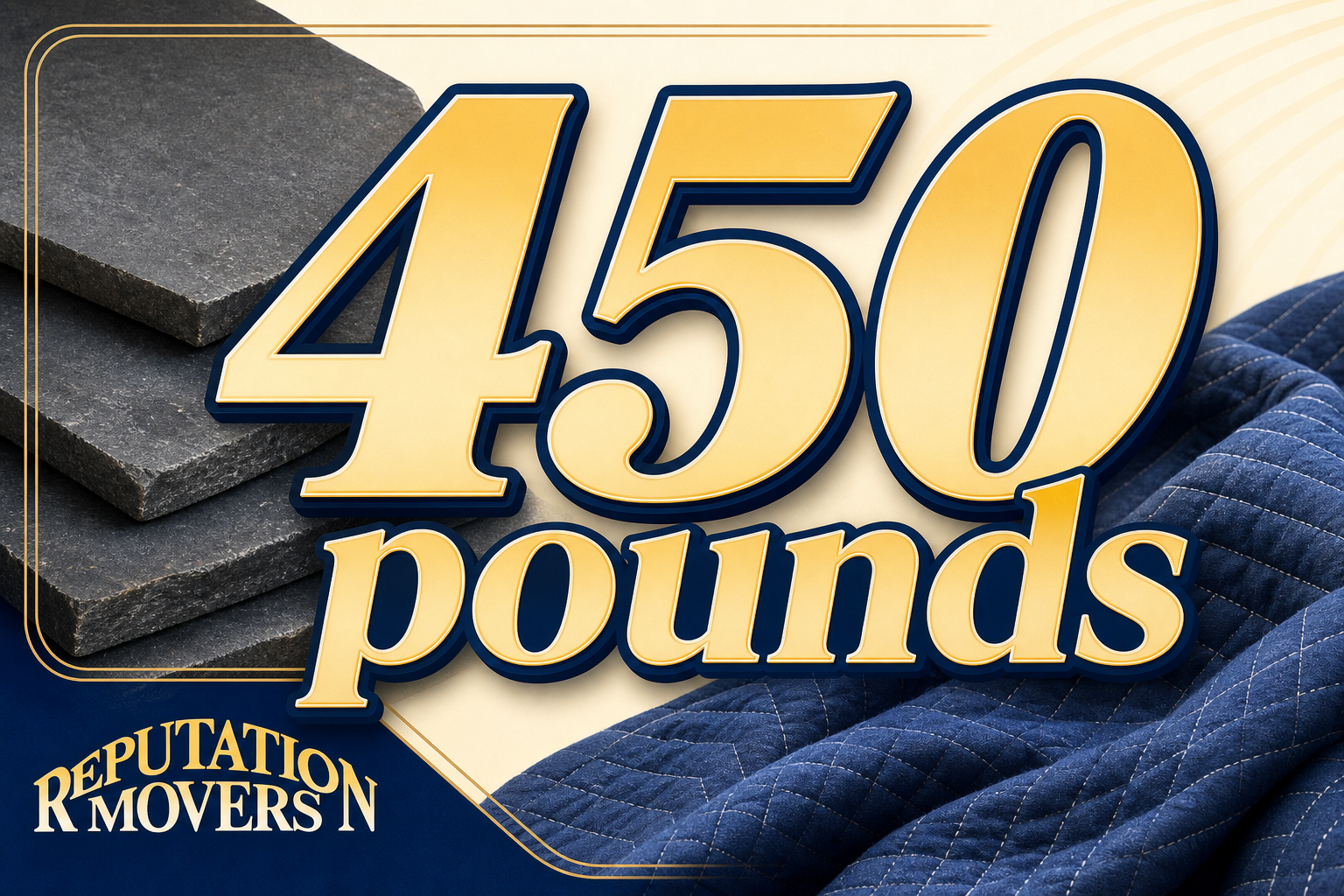 Bold “450 pounds” stat over subtle pool table slate and moving blanket elements on a bright background