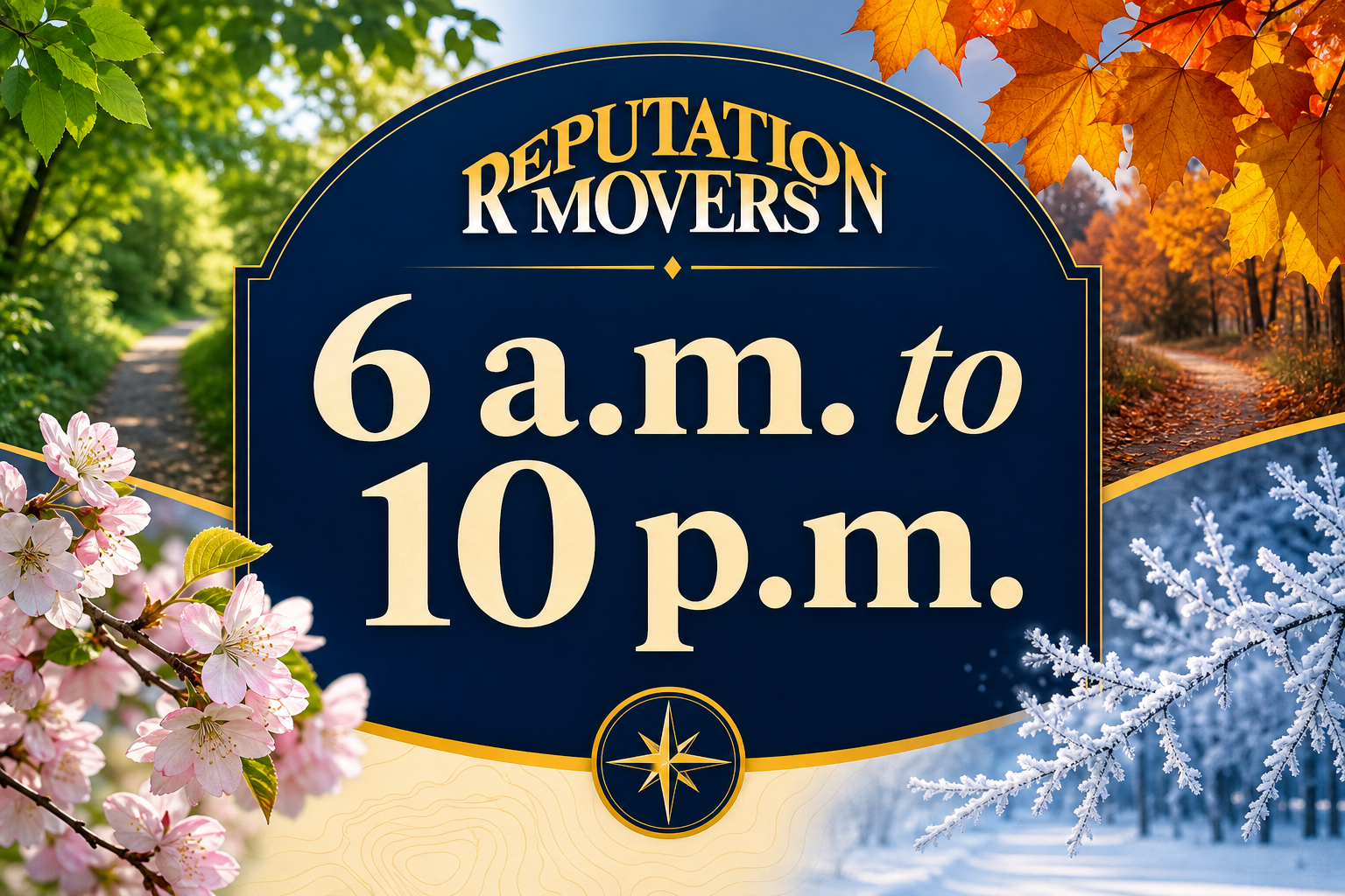 Informational graphic showing Mount Vernon Trail hours, “6 a.m. to 10 p.m.,” surrounded by seasonal trail scenes.