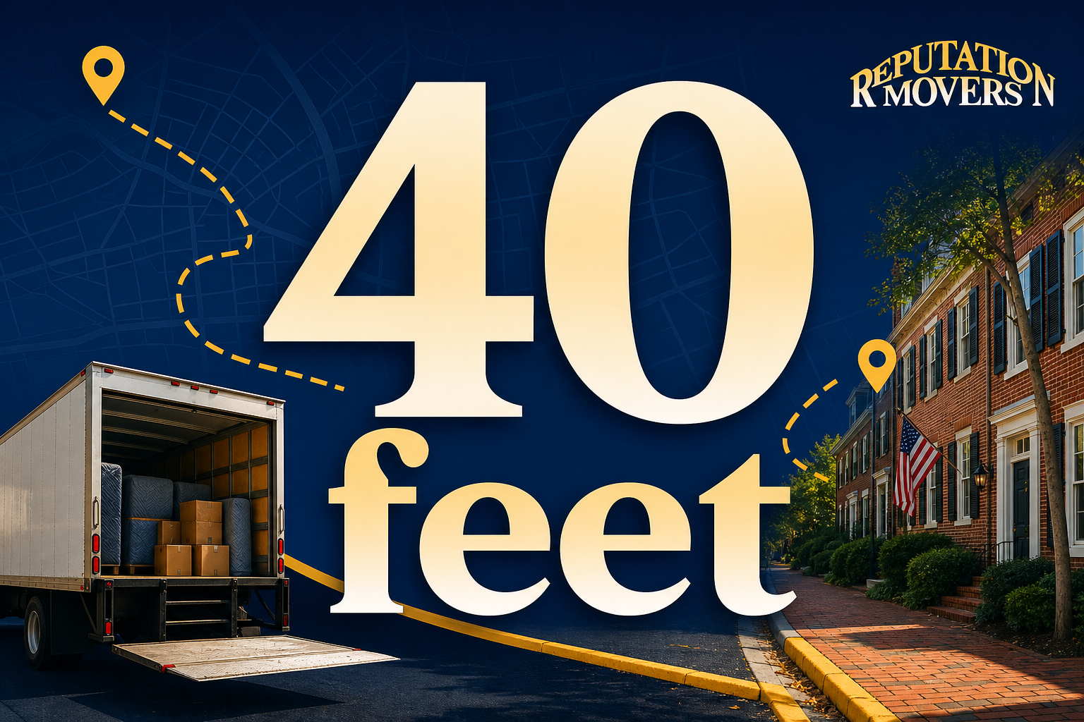 Large “40 feet” text over a moving truck route and Alexandria residential street backdrop, highlighting truck length restrictions