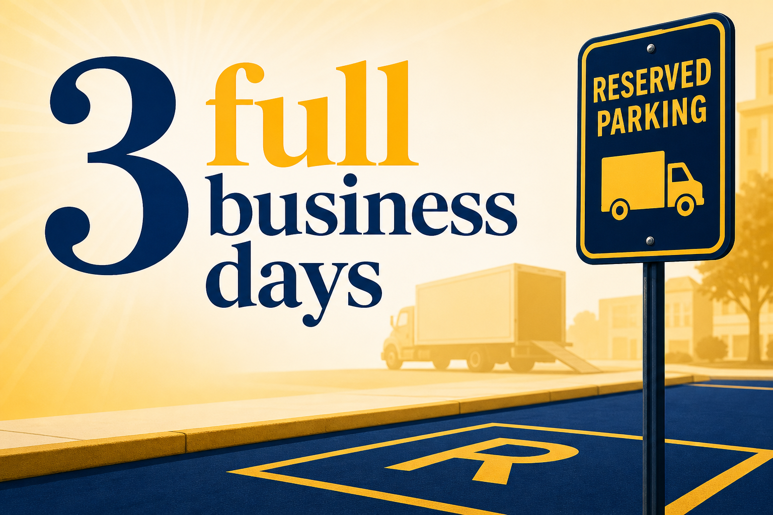 “3 full business days” highlighted beside a reserved parking sign, curb space, and moving truck silhouette