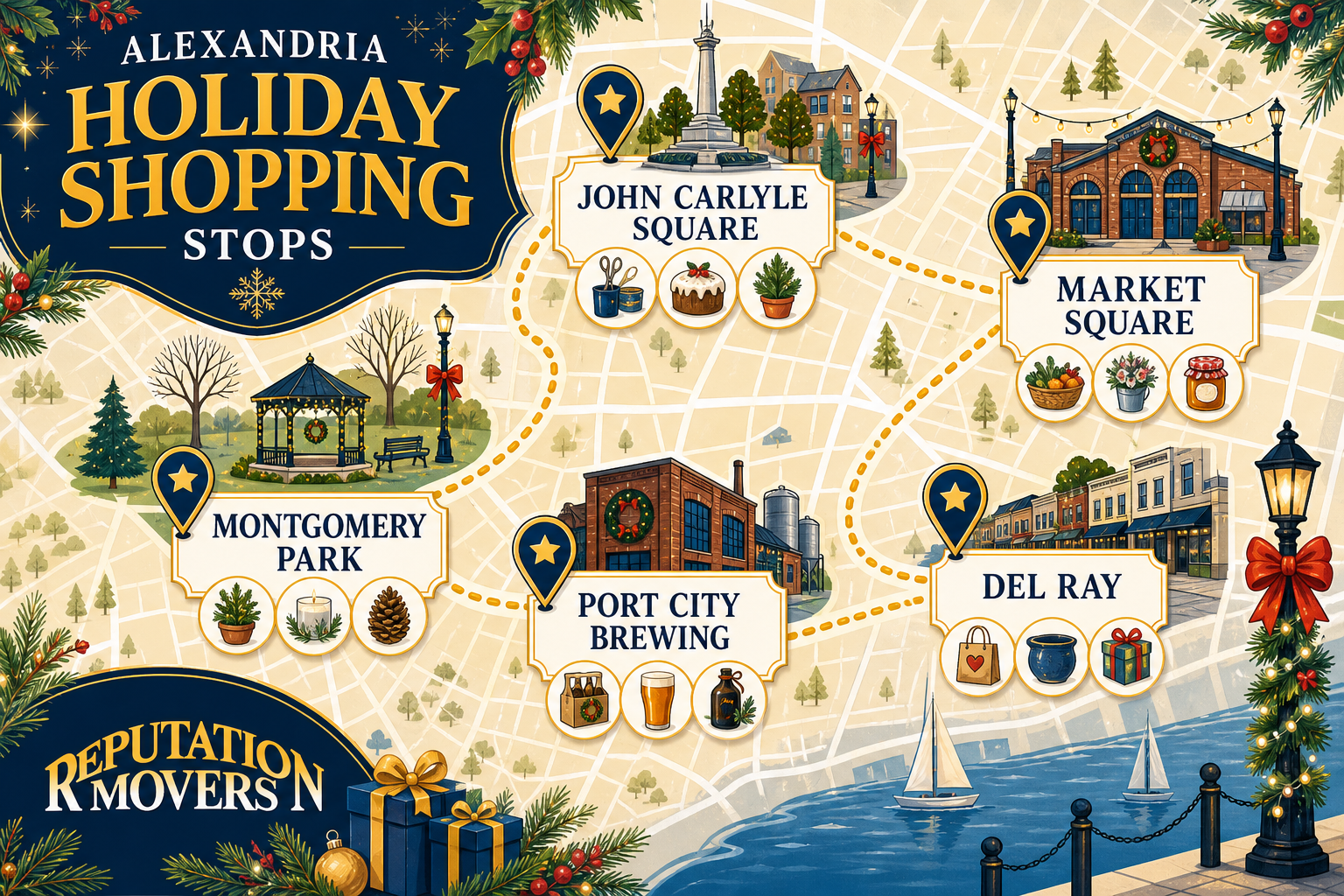 Map-style guide to Alexandria holiday market stops, labeling John Carlyle Square, Montgomery Park, Market Square, Port City Brewing, and Del Ray