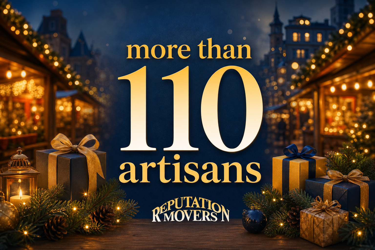 Holiday graphic for the Old Town Alexandria Christmas Market with “more than 110 artisans” and festive market stalls, gifts, and evergreens
