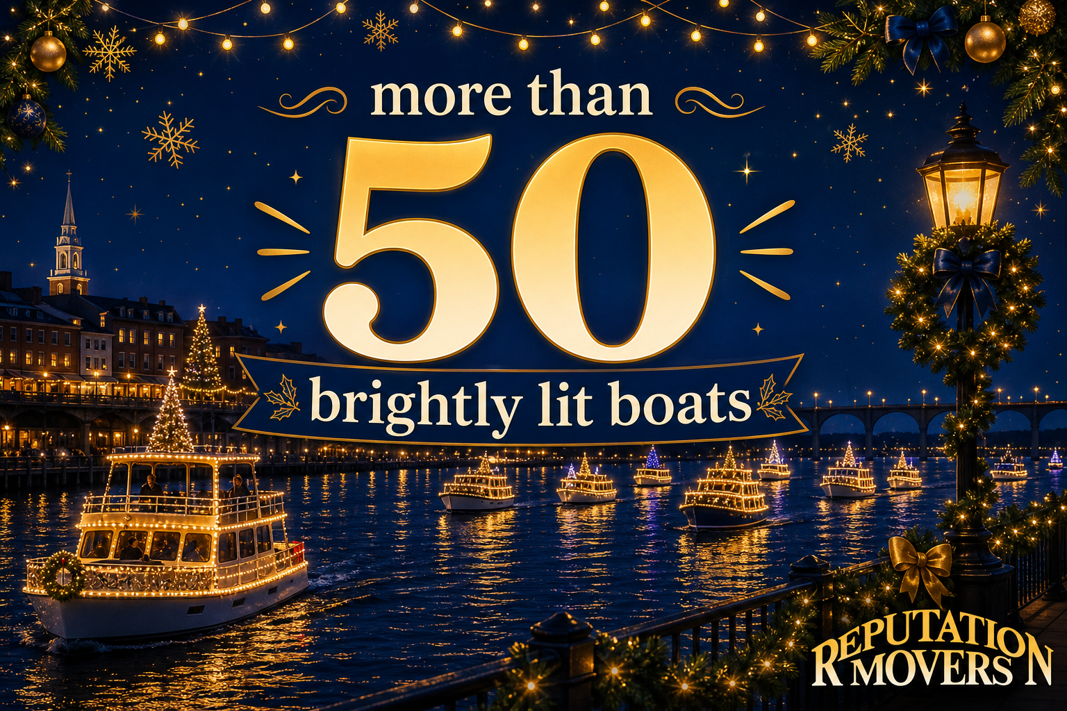 Holiday Boat Parade of Lights graphic with “more than 50 brightly lit boats” over the Potomac waterfront and festive string lights