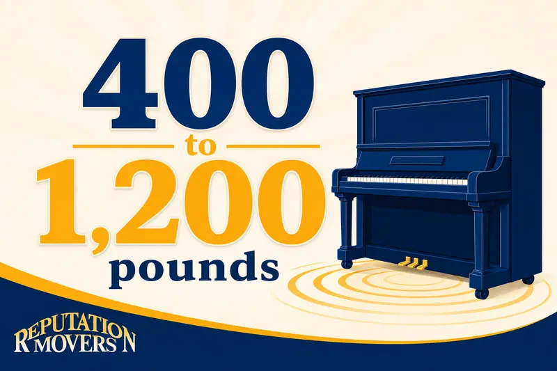 Stat graphic showing “400 to 1,200 pounds” beside an upright piano silhouette with floor-pressure lines and the Reputation Movers logo