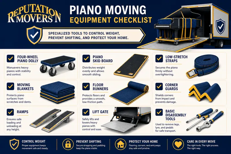 Checklist infographic of piano moving equipment, showing a dolly, skid board, straps, blankets, floor runners, corner guards, ramps, lift gate, and tools
