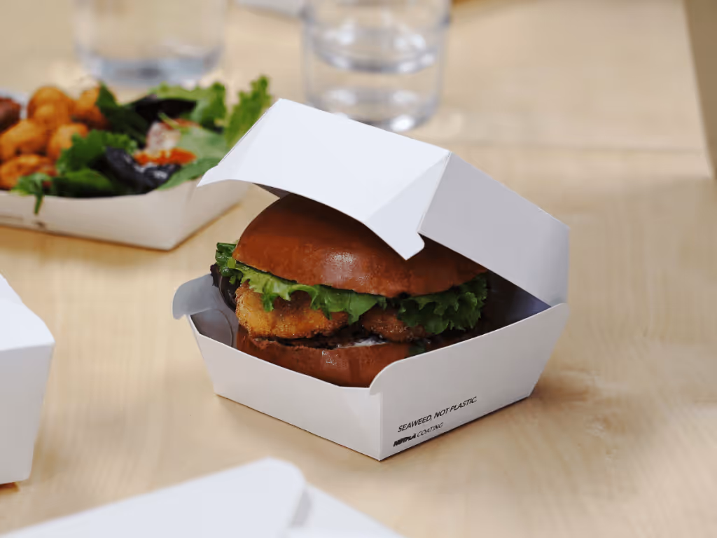 Notpla Burget box lined with seaweed coating