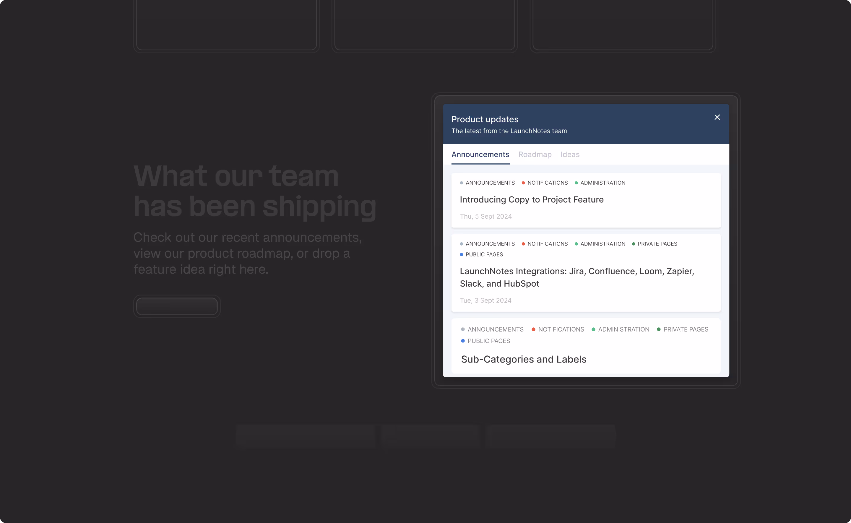 Low fidelity mockup of a marketing page with the LaunchNotes widget inline with content