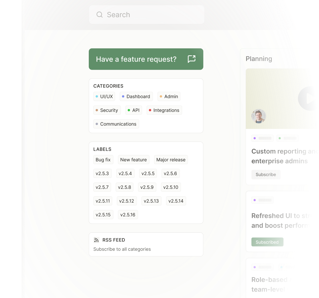 Categories UI elements and a list of categories