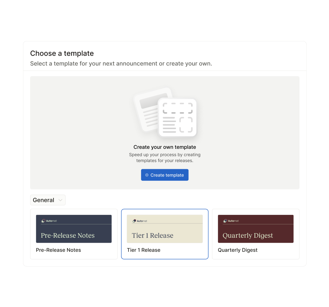Announcement template popup showcasing 'Tier 1 Release', 'Tier 2 Release', etc...