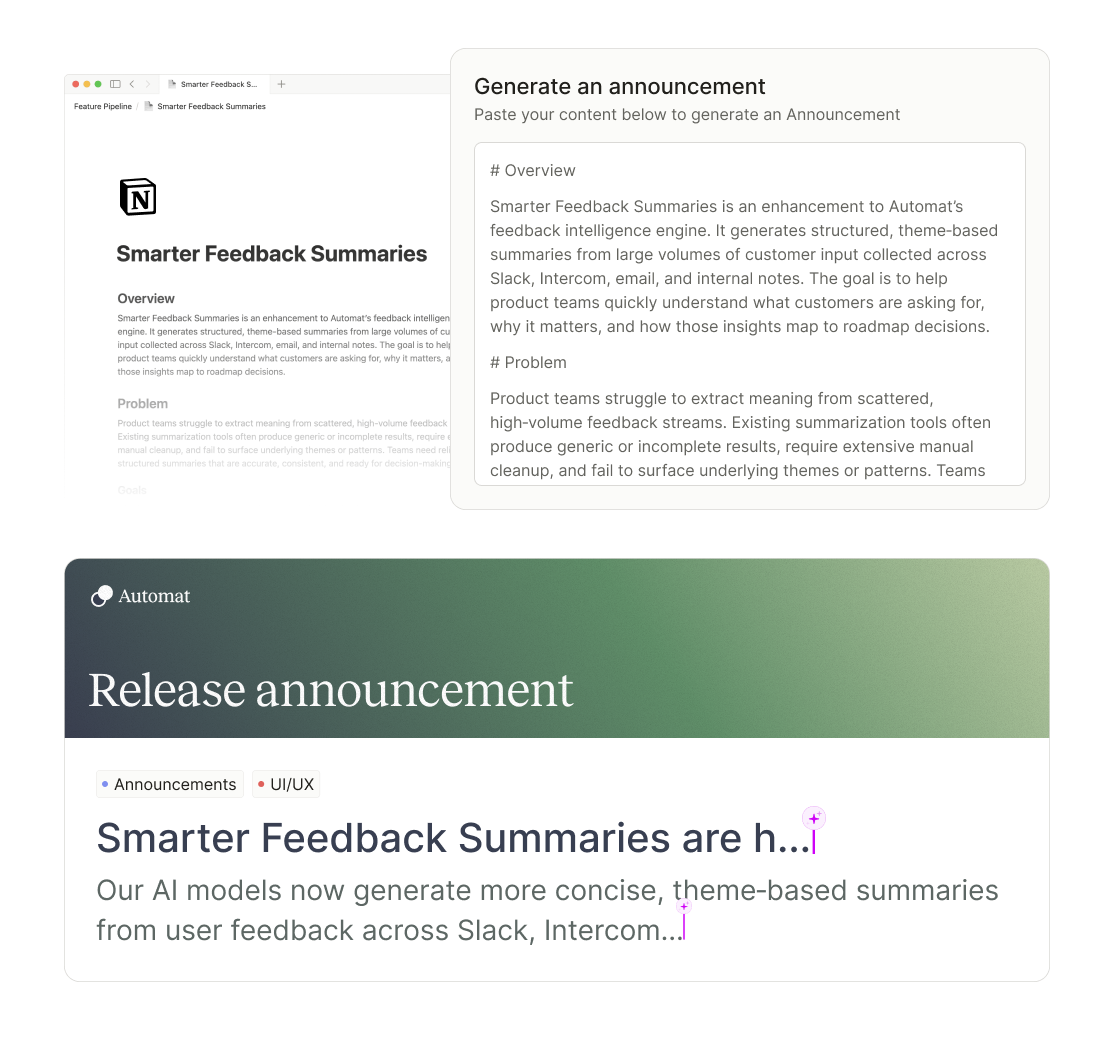 AI writing assistant UI with a generated announcement