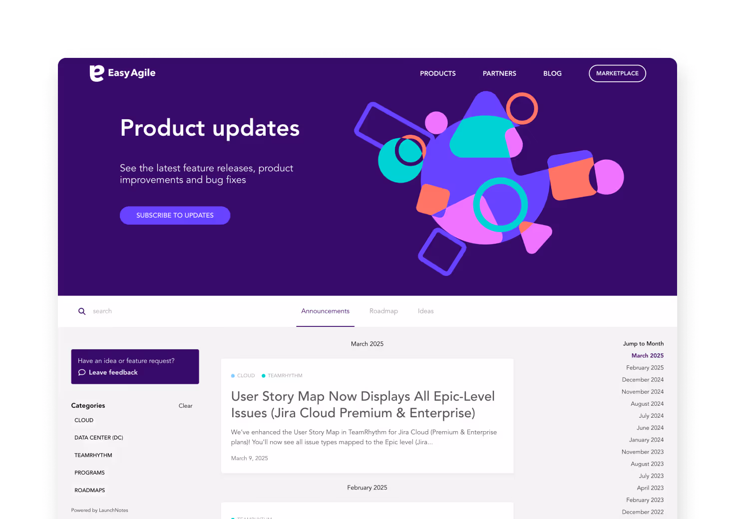 EasyAgile's LaunchNotes product updates page