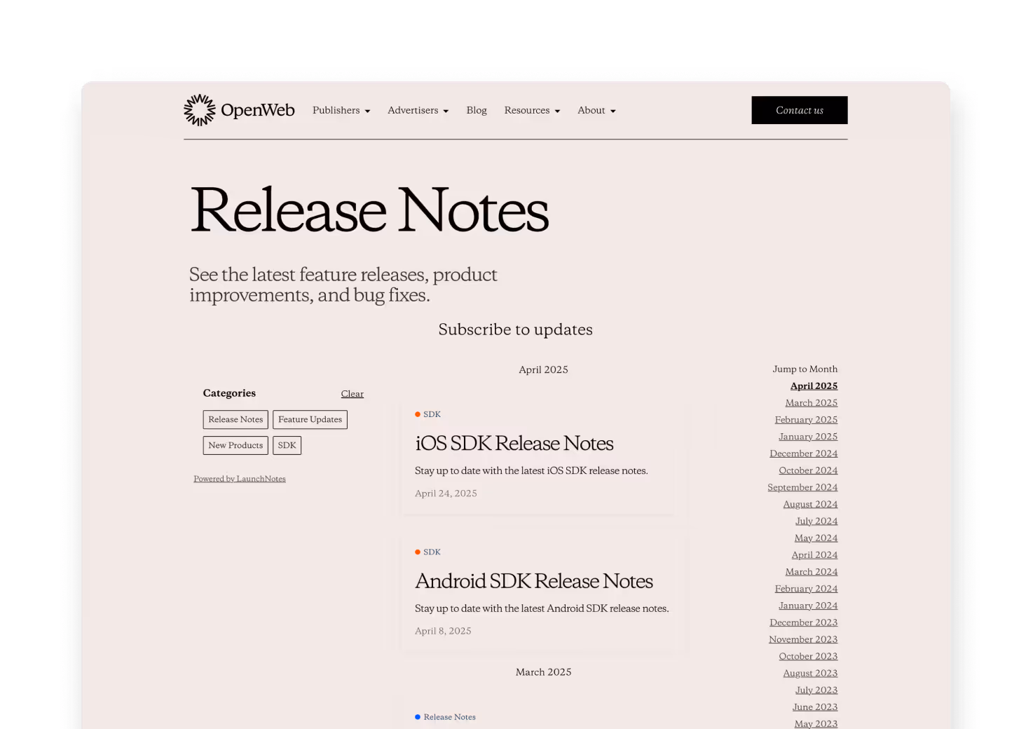 OpenWeb's LaunchNotes release notes page