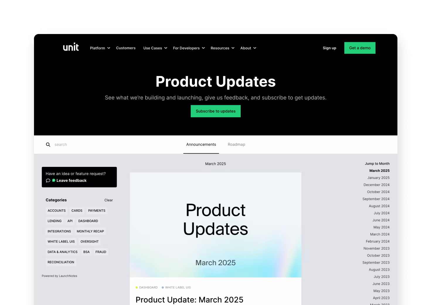 Unit's Launchnotes product updates page