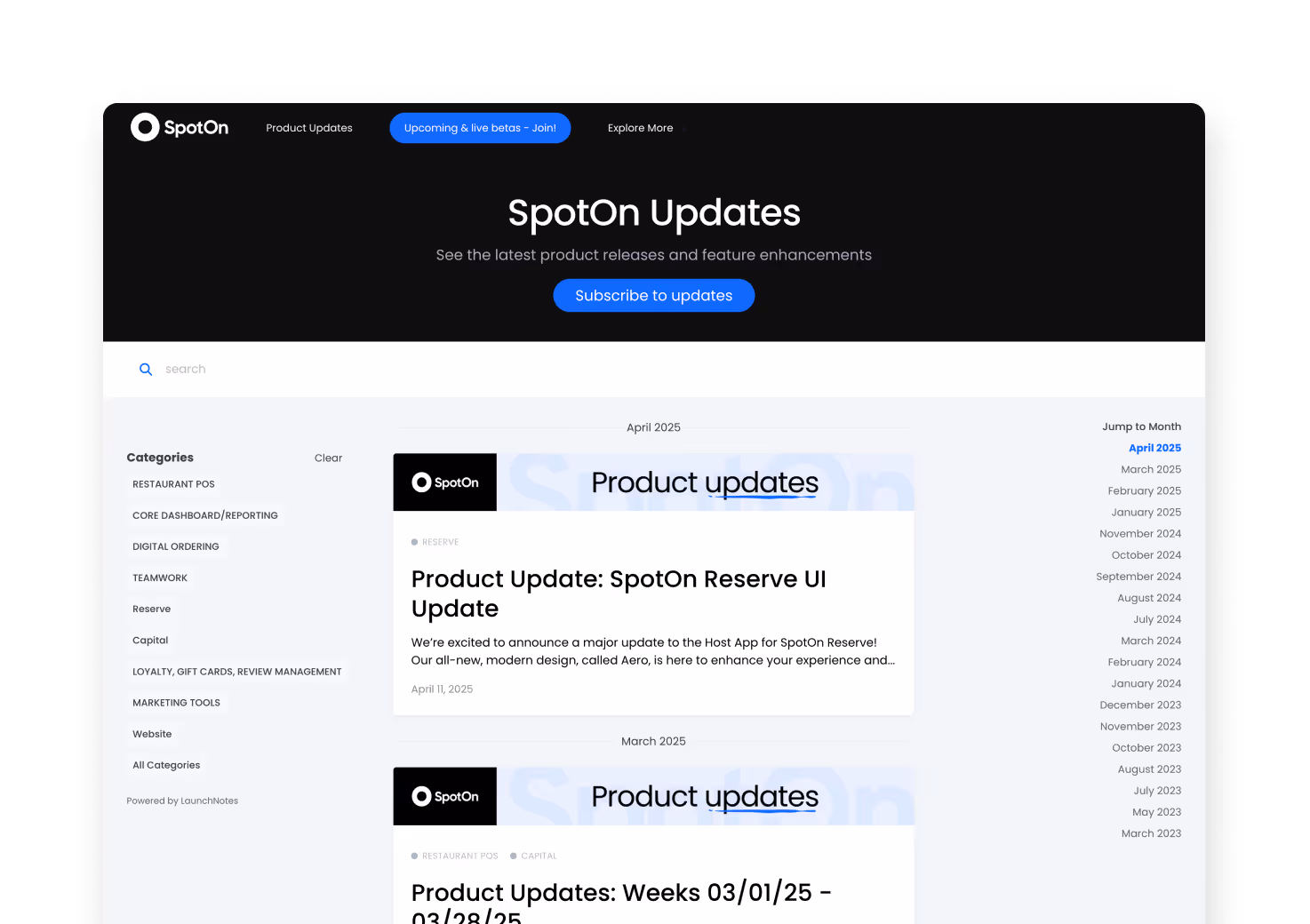 SpotOn's LaunchNotes product updates page