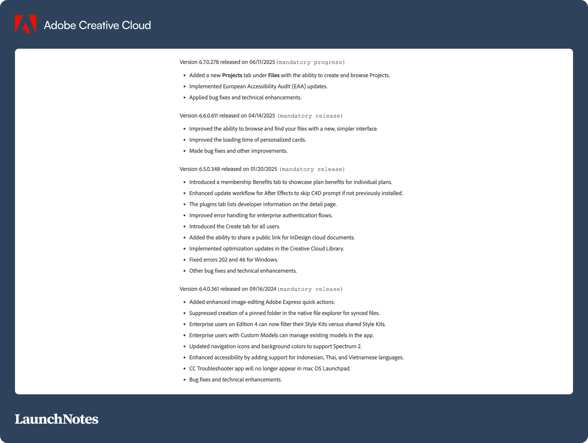 Adobe: Creative Release Notes for Creative Cloud