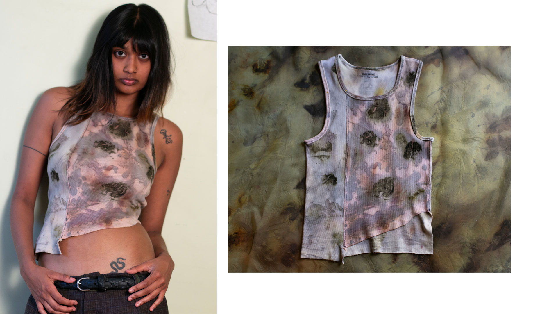 Side-by-side images showing a woman wearing a sleeveless, camo-patterned beige tank top with an asymmetrical hem on the left, and the same tank top laid flat on a similarly patterned fabric background on the right.