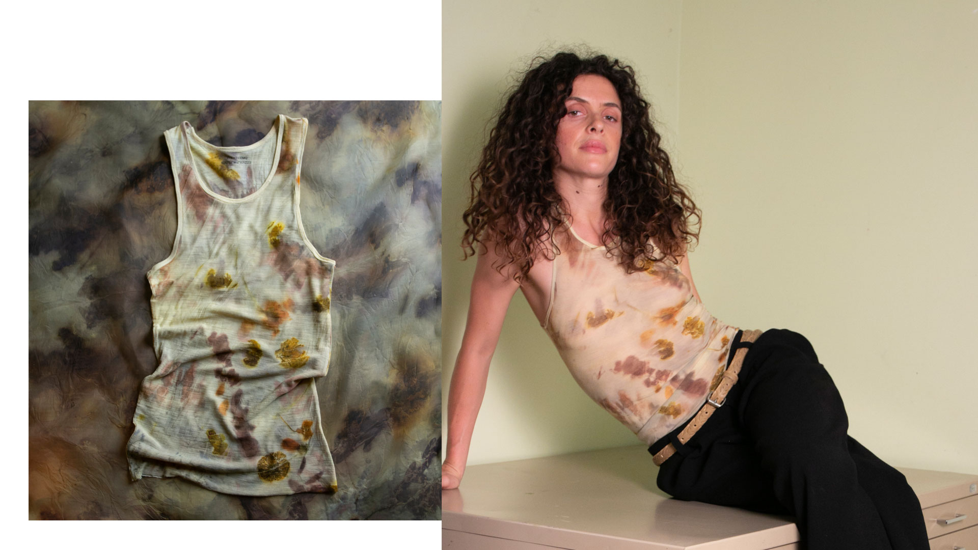 Side-by-side image of a tie-dye tank top laid flat on matching fabric and a woman wearing the same tank top with black pants, leaning on a beige cabinet.