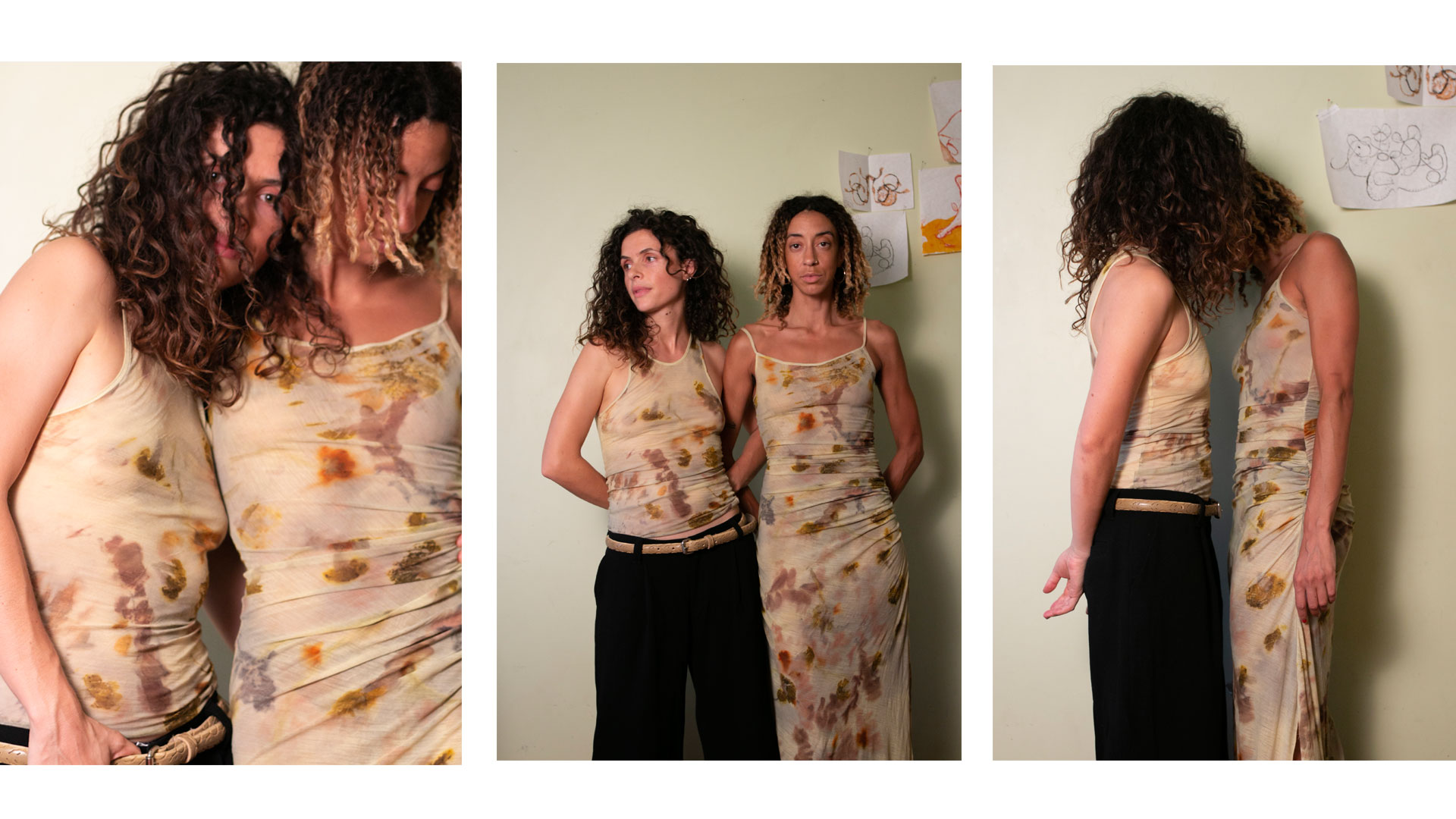 Three photos of two people wearing beige and brown patterned outfits, standing close together against a plain light-colored wall with sketches pinned on it.