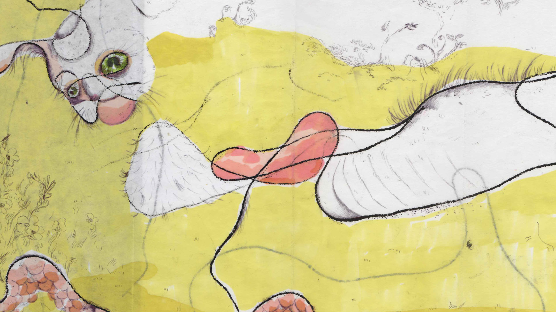 Abstract artwork featuring a white cat with green eyes and a pink tongue against a yellow background with artistic lines and shapes.