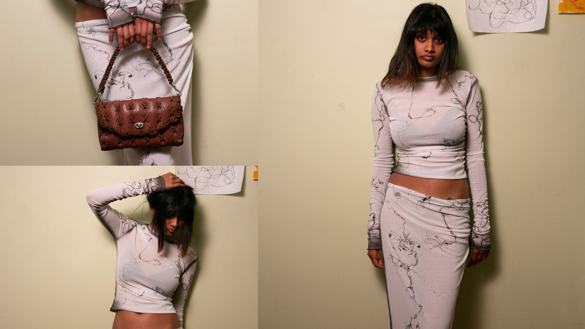 Collage of a woman wearing a white long-sleeve top and skirt with black abstract line patterns, holding a brown woven leather handbag.