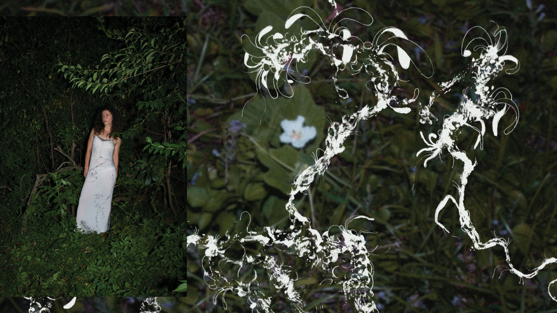 Woman in a white dress standing amidst dense green foliage at night with artistic white floral patterns overlaying the image.