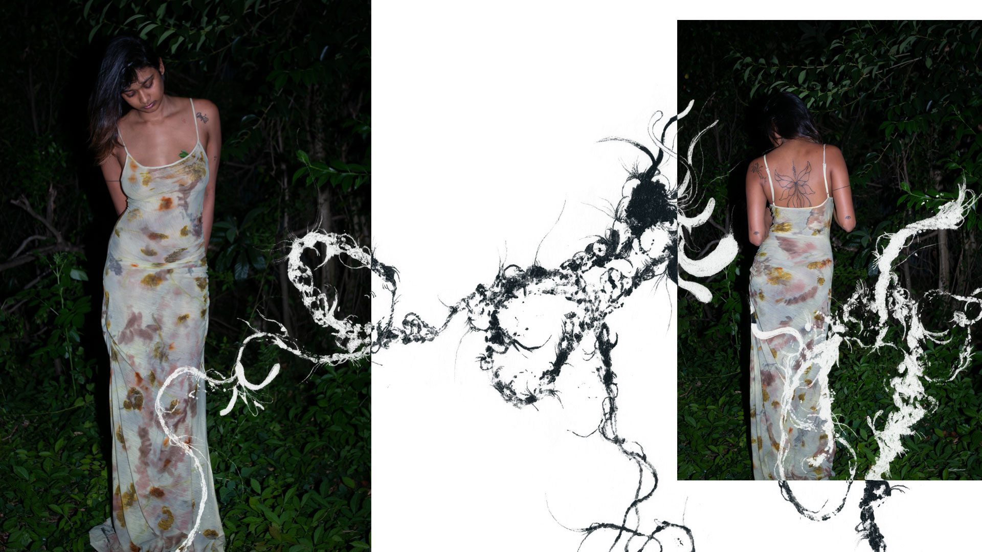 Woman with long dark hair outdoors at night in a sheer, patterned dress seen from front and back, with abstract black and white ink-like designs overlaying the image.
