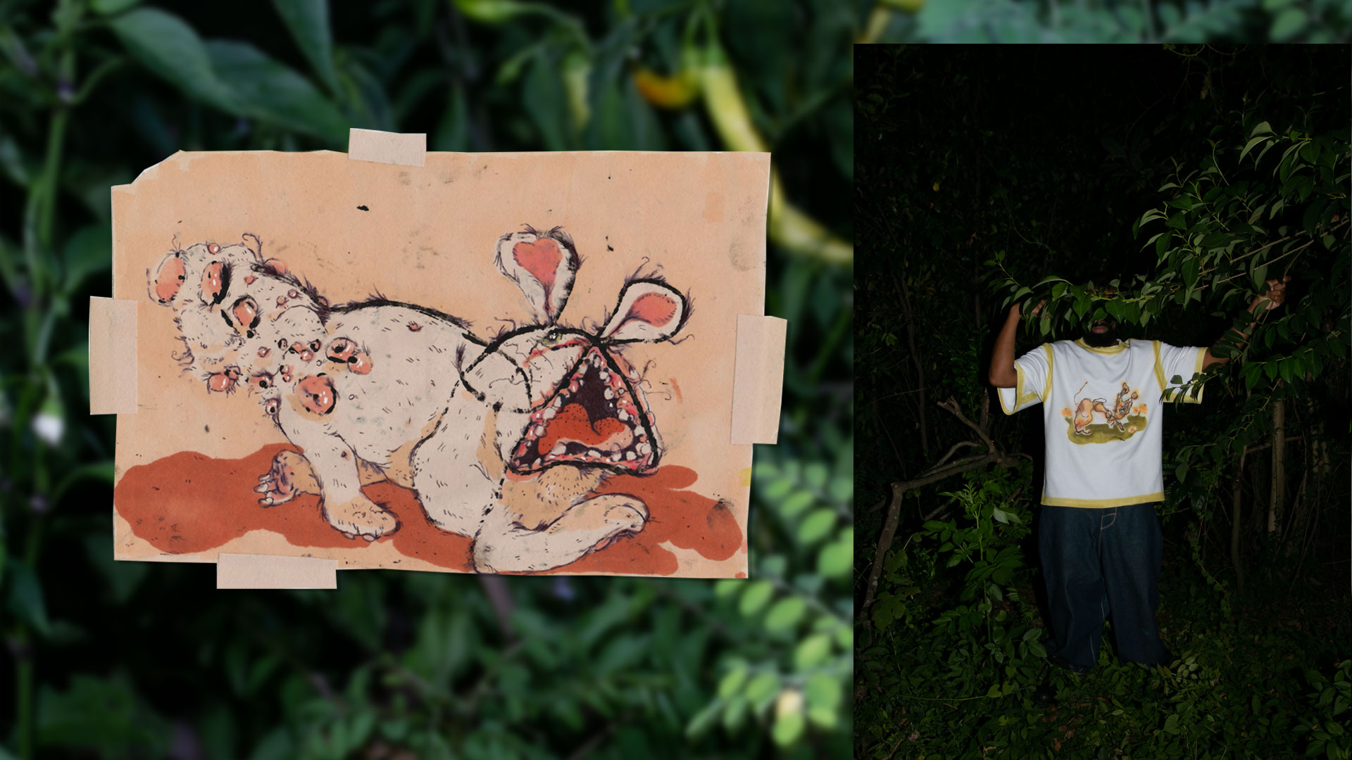 Man standing in dark forest holding tree branches above, wearing a white T-shirt with a colorful cartoon rabbit illustration.